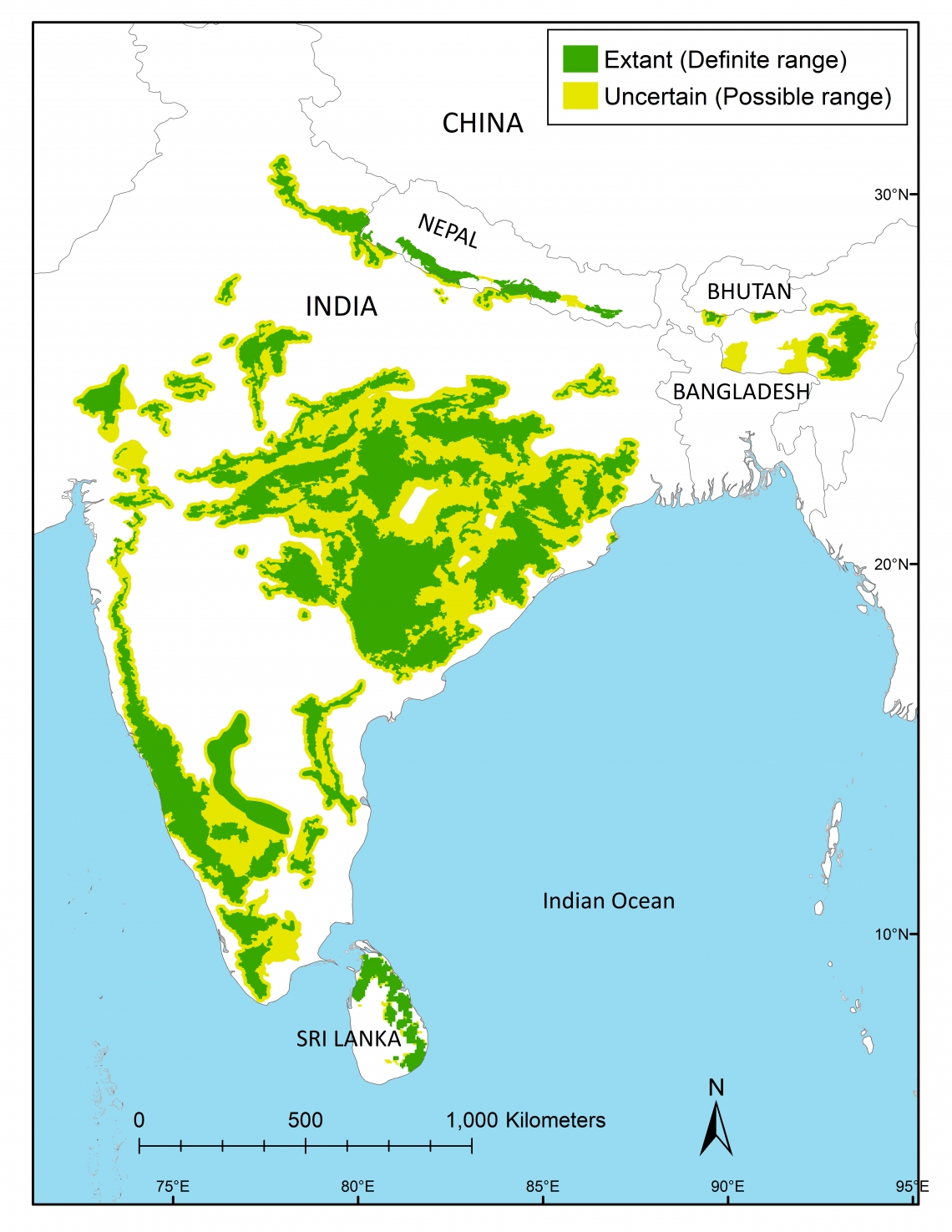 Range map of sloth bear (M ursinus) mapped by Bear Specialist Group created by M Proctor