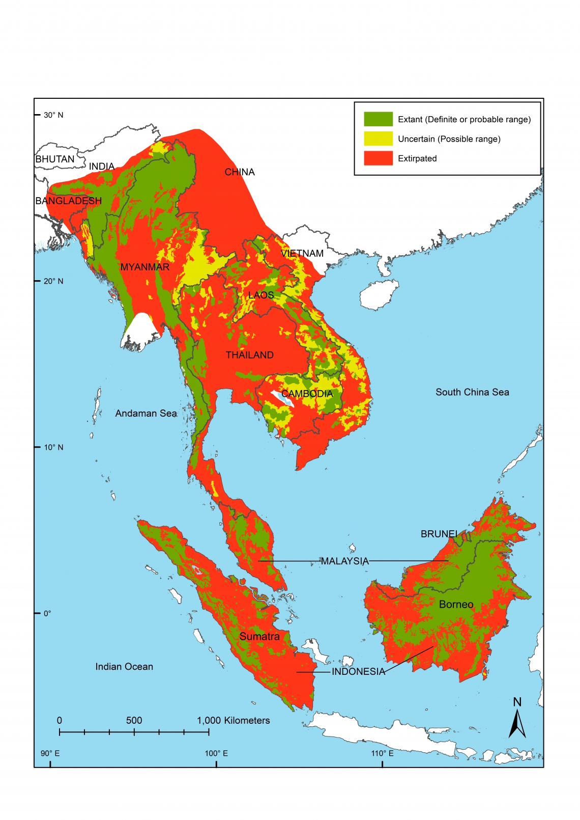Range map of sun bear (H malayanus) mapped by Bear Specialist Group created by Free the Bears
