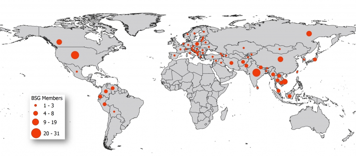 Country representation of where BSG members work or have worked in some capacity related to bears.People working in multiple countries contribute to the dot in each. The position of the dot within the country is not reflective of where work  is conducted.